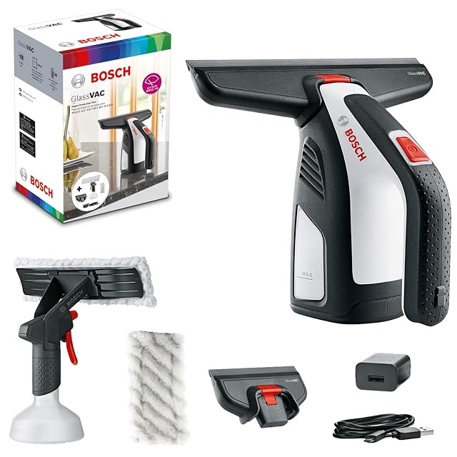 Bosch GlassVAC cordless window vacuum with spray bottle and microfibre pad, product photograph