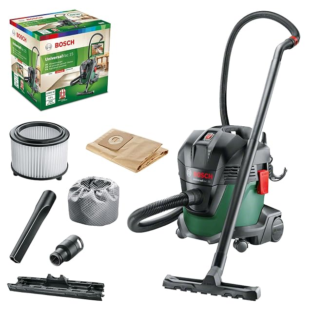 Bosch UniversalVac 15 wet and dry vacuum with paper filter bags, product photograph