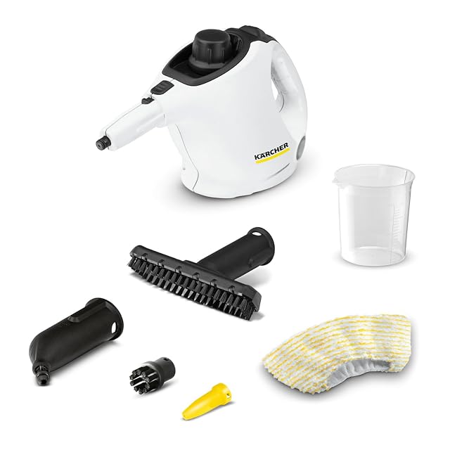 Kärcher SC 1 handheld steam cleaner with power nozzle and round brush, product photograph