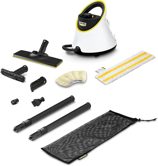 Kärcher SC 2 Deluxe steam cleaner with EasyFix floor kit and three nozzles, product photograph