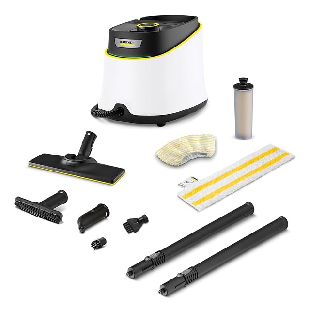 Kärcher SC 3 Deluxe steam cleaner with EasyFix floor kit and nozzles, product photograph