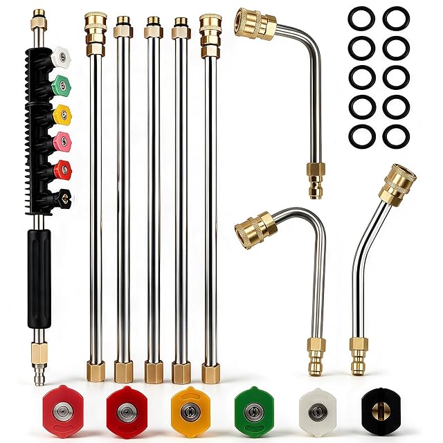 Selkie pressure washer extension wand set with 30 90 and 120 degree curved gutter rods