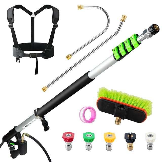 TOR 24 foot telescoping pressure washer wand with gutter cleaner attachment and brush head