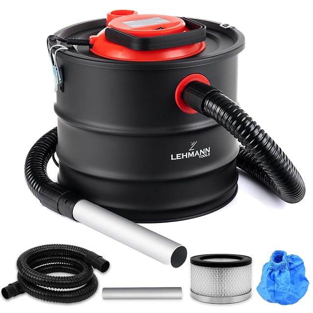 Lehmann 15 litre ash vacuum with metal drum, HEPA filter housing and metal hose, product photograph