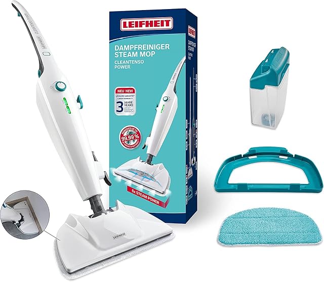 Leifheit CleanTenso Power steam mop with square floor plate and microfibre pad, product photograph
