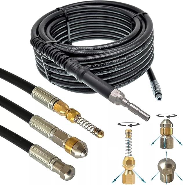 M&M Smartek 30 metre DN10 drain cleaning hose with three nozzles, product photograph
