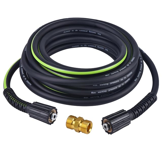 RainBello black 25 foot pressure washer hose with green stripe and aluminum M22 fittings