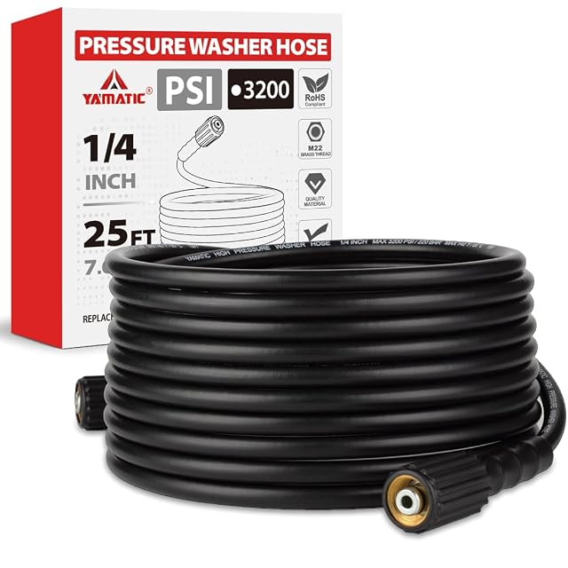 YAMATIC 25 foot quarter inch pressure washer hose with M22 14mm brass female fittings
