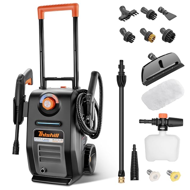 This Hill 2-in-1 pressure washer and steam cleaner 3000 PSI 1500W on wheels