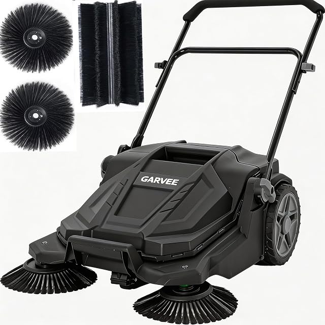 Walk-behind outdoor hand push floor sweeper with 5.25 gallon waste bin