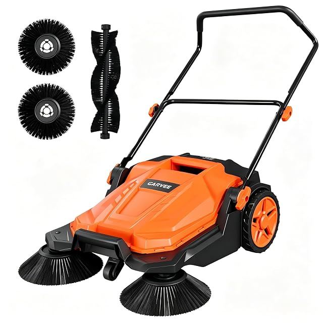 Walk-behind floor sweeper with 25.6 inch sweeping width and 5 gallon container