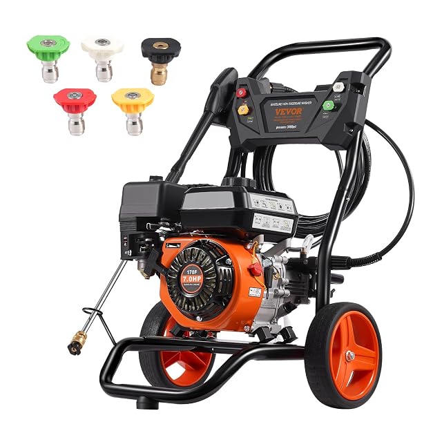 VEVOR petrol pressure washer with aluminium pump and extension lance, product photograph