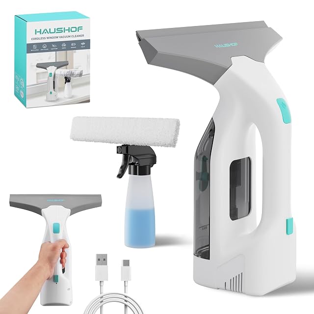 HAUSHOF cordless electric window vacuum squeegee with spray bottle and microfibre cloth