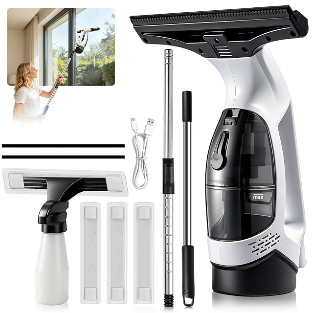SOMZOKY cordless window vacuum squeegee with extension pole and spare blade